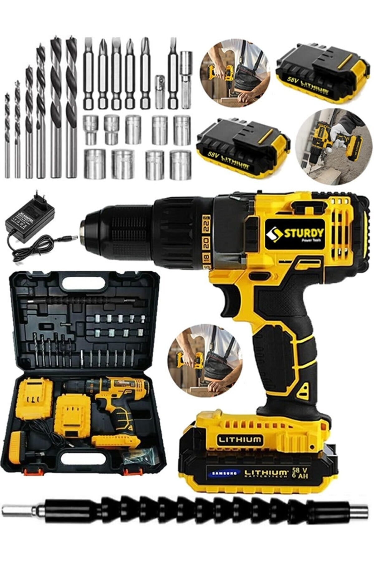 Sturdy Japon Tech 58v8ah Çift Akülü Turbo Güç Ekstra Güçlendirilmiş Akülü Matkap 27 Parça Set